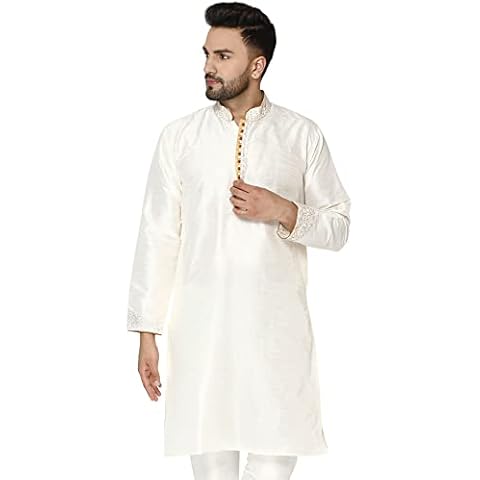 SKAVIJ Art Silk Kurta for Men Embroidered Indian Traditional Wear Off-White_X-Large Cover