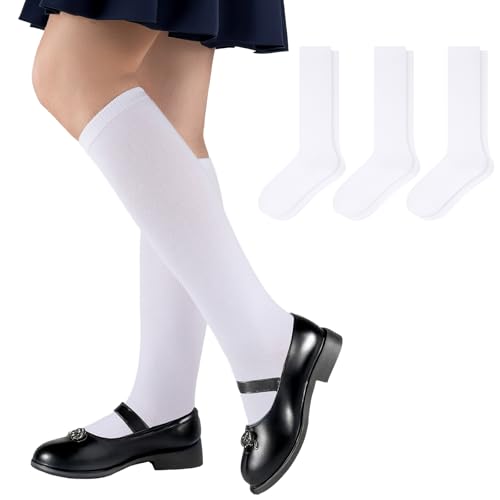 Comfoex Girls Knee High Socks Kids School Uniform Seamless Long Cotton Socks For Girls 4-11 Years Old 3 Pairs