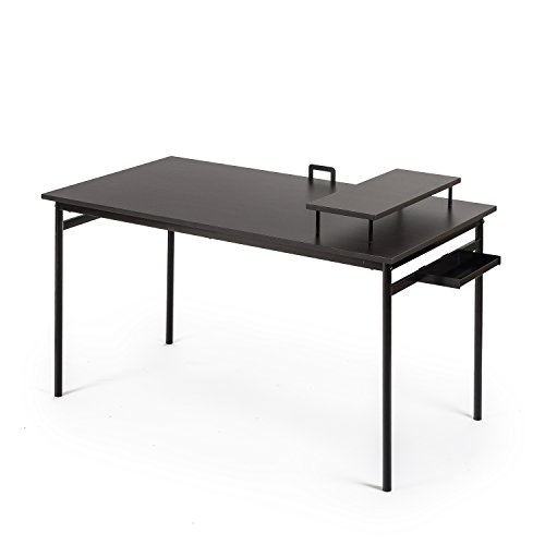 ZINUS Tresa 140 x 75 cm Schwarzer Metallschreibtisch mit Ablage und Bildschirmaufsatz | Arbeitsplatz mit espressofarbenem Finish | Computertisch | Einfache Montage