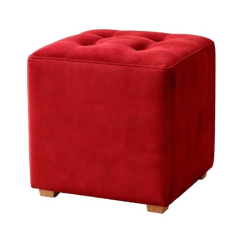 Image of Velvet Cube Ottoman Stool | Upholstered Pouffe with Tufted Design | Soft Footrest Sofa Side Stool for Living Room, Bedroom & Lounge - Red