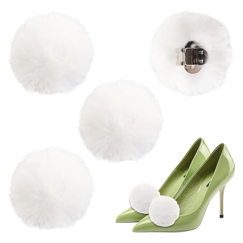 SYEYCW 4 Piezas Pompones Blancos para Zapatos, Adornos de Felpa Suave y Blanca Desmontables, para Botas, Sombreros, Zapatos Planos, Ropa, para Decoración de Bodas, Halloween y Accesorios de Disfraces