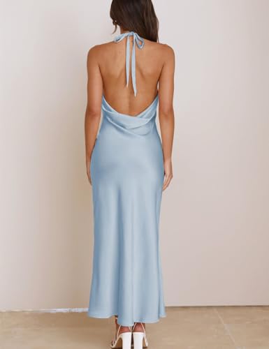 Image of 2026 Summer Satin Halter Neck Backless Slit Midi Dresses Elegant Cowl Back Ruched Wedding Guest Maxi Dress for Women Blue