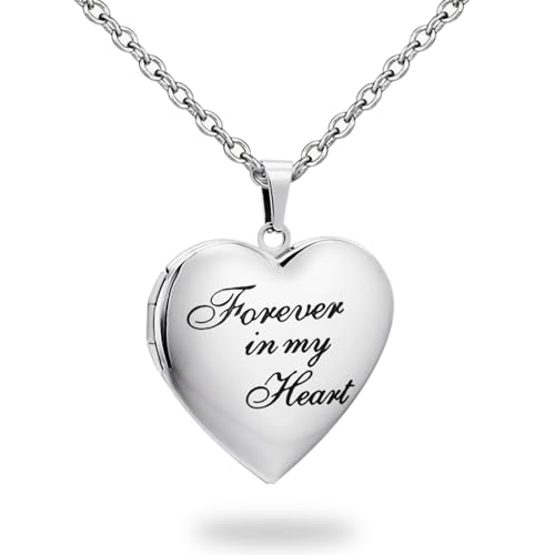 PHOCKSIN Forever in My Heart Locket Necklace for Pictures Silver Heart Memorial Lockets for Girls Birthday Gifts for Loved Ones