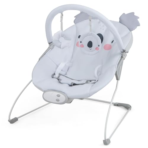 Image of HONEY JOY Baby Bouncer, Portable Infant Newborn Rocker & Stationary Seat w/Soothing Vibrations, Removable Bar, Music, Safety Harness, Bouncer Seat for Babies 0-6 Months up to 20 lbs, Gray Koala