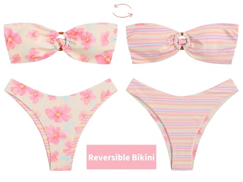 Image of ZAFUL Women's Bandeau Bikini O Ring Strapless Tie Back High Cut Two Piece Swimsuit Bathing Suits