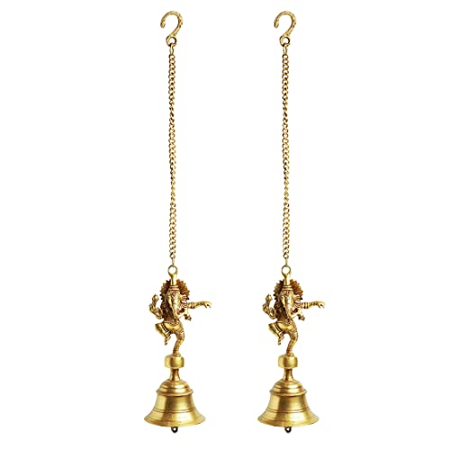 Image of ExclusiveLane 'Dancing Ganpati' Pure Brass Hanging Bells for Pooja Room (Set of 2, 3.4 x 3.4 x 9.3 Inch, 2.5 Kg) | Brass Bells for Mandir Temple Bell Hanging Temple Bells for Home Decoration