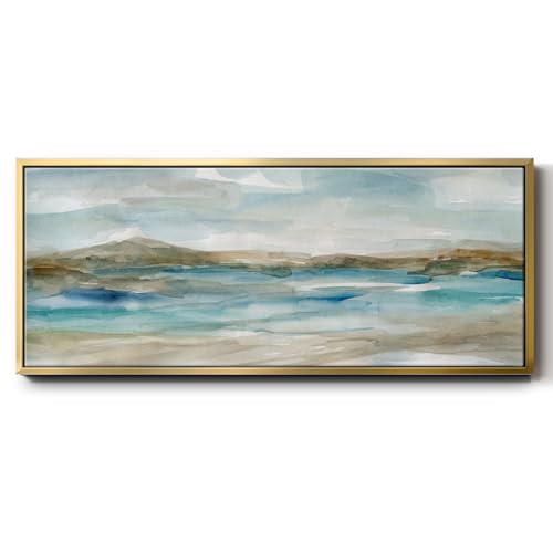 Renditions Gallery Abstract Coastal Watercolor Artwork Blue Ocean View Floater Frame Canvas Wall Art for Resturant Hotel Kitchen - 20"X50" GOLD Frame GAL033