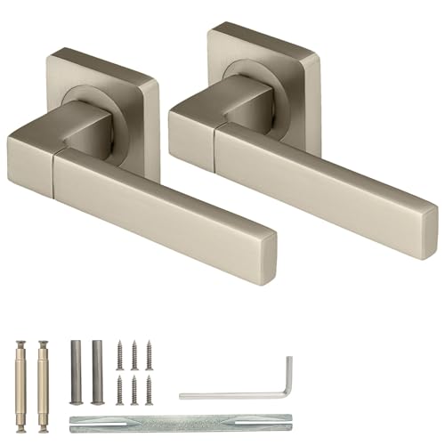 Image of XFORT Cube Lever on Square Rose Door Handles, Internal Door Handle Sets for Interior Wooden Doors, Lever Latch Door Handle, Interior Door Handles for Home & Office – Pearl Nickel