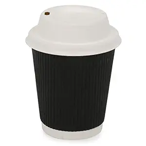 SANWALSA (250 ml,Black, 8 Oz- Pack of 25-Piece Paper Disposable Ripple Cup with lid(100% Biodegradable) Ecofriendly, Safe & Hygienic for Juice,Coffee,Tea,Home,Office,Party & Wedding Events