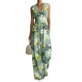 Udbeksid Mono Mujer Elegante Verano Largo - Jumpsuit Lino Sin Mangas Cuello en V Cintura Alta, Monos Estampado Floral Ligero Cómodo, Ropa Boho Moda con Bolsillos para Casual Fiesta Playa (M,11)