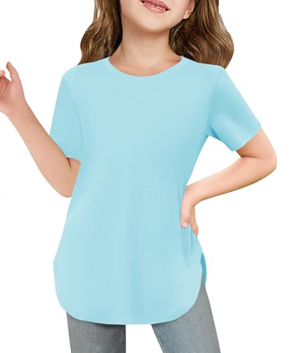 Image of Haloumoning Girls Summer Short Sleeve Shirt Kids Crewneck Curve Hem Soft Tunic Tops T-Shirts 5-14 Years