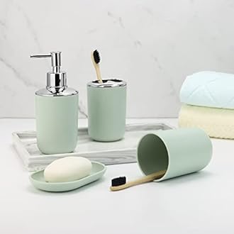 IMAVO Bathroom Accessories Set,Green Bathroom Set,7 Pieces Bathroom Accessory Set,Tray,Toilet Brush,Trash Can for Bathroom Décor and Housewarming Gifts