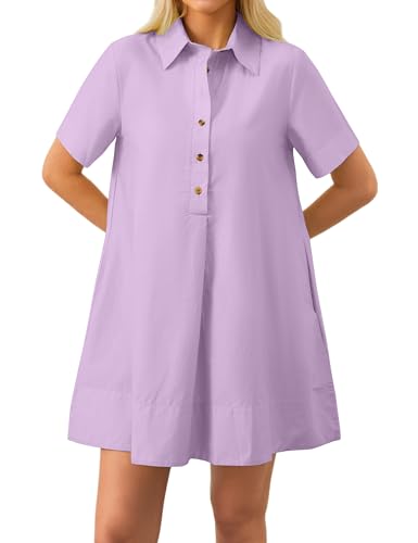 Image of Dsewpaur Short Sleeve Swing Tunic Mini Dress for Women Button Up Shirt Blouse Short Dress Summer Casual Flowy A Line Dress