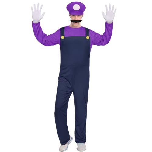 BSBUY Super Brothers Cosplay Kostüm 5 Pcs Cosplay mit T-Shirt Mütze Hose Bart Handschuhe Super-Brüder Wario Kostüm Set Männer Damen Erwachsene Outfit Kostüm für Karneval Party Faschingskostüme (Lila)
