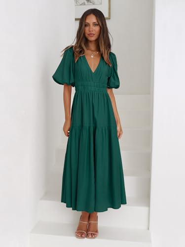 Image of Women's Summer Deep V Neck Puff Short Sleeve Tiered Maxi Dress Flowy A Line Long Dresses