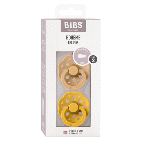 Image of BIBS Boheme Pacifiers 2 Pack BPA Free Cherry Shape Nipple Natural Rubber Latex Made in Denmark | Sand /Honey Bee