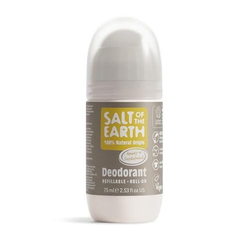 Desodorante natural en roll-on Salt Of the Earth - Ámbar y sándalo - Recargable, vegano, certificado por Leaping Bunny, fabricado en el Reino Unido - 75ml