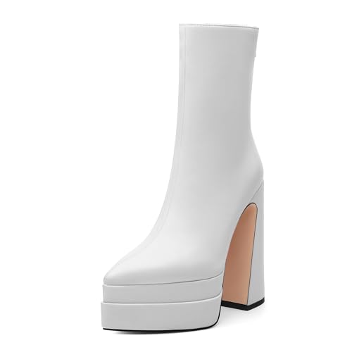 FOGEENA Platform Ankle Boots for Women Chunky Block Heel Pointed Toe Zipper 5.9 Inch Heeled Fall Boots Fashion Dating Party Evening Short Booties