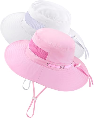 HONGTEYA キッズ サンハット 幼児 夏 紫外線保護 調節可能 キッズ ビーチハット 通気性メッシュ 2~8歳, ホワイト+ピンク, 6-24 Monthsの商品画像（Amazon）
