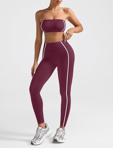Relety Womens Workout Sets 2 Piece Seamless Bandeau Sports Bra Scrunch Butt Leggings Contrast Stripe Padded Yoga Outfits - Plum Small — view 2
