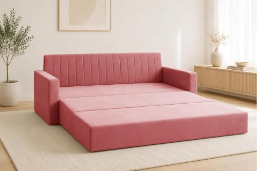 Image of Los Angeles Modern Velvet Three Seater Sofa Cum Bed with Armrest, Multipurpose Convertible Sleeper Couch Sofa for Living Room, Bedroom & Office- Rose Pink Color