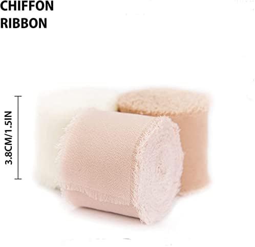 Dloapesy 3 Rolls Handmade Fringe Chiffon Silk Ribbon Gauze 1.5" x 3Yd Ribbons Set for Wedding Invitations, Bridal Bouquets, Gifts Wrapping, DIY Crafts (White and Pink, Fringe Chiffon)