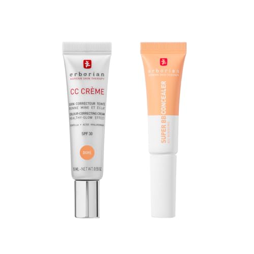 Erborian - CC Cream con Centella Asiatica Doré 15 ml - Crema Correctora de Color + Super BB Concealer Doré 10 ml - Corrector de Tratamiento de Alta Cobertura Enriquecido