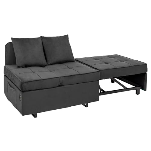 Sleeper Sofa Bed, Convertible 4-in-1 Pull Out Couch with 5 Adjustable Backrest, Modern Velvet Sofa with USB Ports & Storage Pocket (Includes Pillow) for Living Room, Bedroom,Apartment, Dark Grey