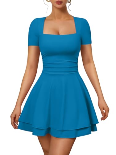 Image of XXTAXN Women's Sexy Square Neck Short Sleeve Ruched Tiered Ruffle Hem Flowy Club Party Mini Dress