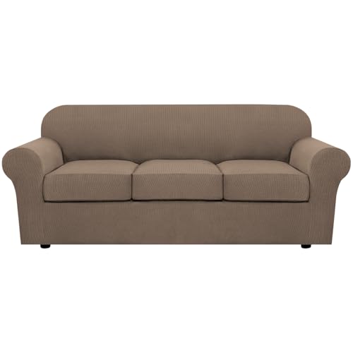 H.VERSAILTEX 4 Piece Stretch Sofa Covers for 3 Cushion Couch Covers for Living Room Furniture Slipcovers (Base Cover Plus 3 Seat Cushion Covers) Upgraded Thicker Jacquard Fabric (Sofa, Macchiato)