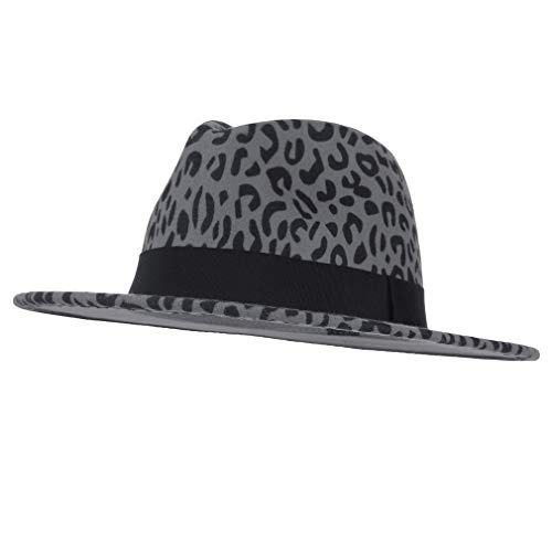 Jelord Women's Vintage Leopard Print Fedora Wool Hat Wide Brim Panama Trilby Wool Felt Hat with Band, Blue-grey, US 7 1/8