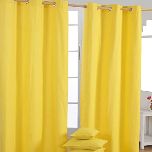 HOMESCAPES – Paire de Rideaux à œillets Prêt-à-Poser – Uni Jaune – 100% Coton – 117 x 137 cm