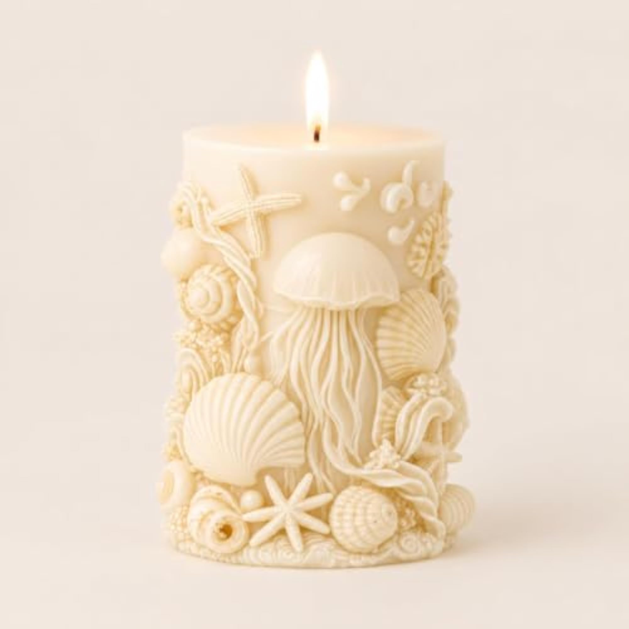 Sea Shell Elegance Ivory Sculpted Pillar Candle