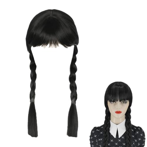 Peluca Miercoles con Flequillo, Peluca de Miércoles Addams, Peluca Larga Negra Trenzada, para Halloween Carnaval Fiesta Cosplay