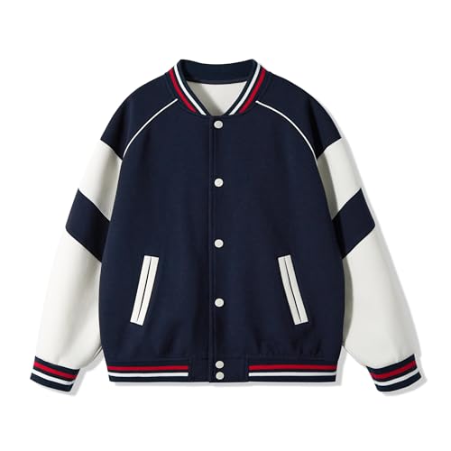 Rolanko Mädchen Baseball Jacke Jungen im Varsity-Stil, Sweatjacke mit Taschen für die Schule, Bomber mantel für Kinder, Dunkelblau, 150, 10-11 Jahre