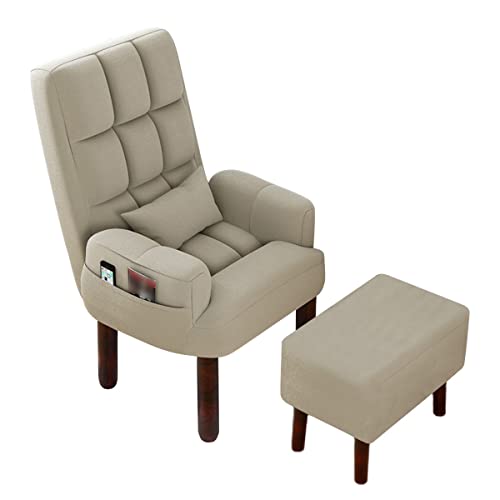 Sillón reclinable ergonómico con reposapiés, cómoda silla de lino de algodón transpirable con patas de madera para oficina y uso doméstico