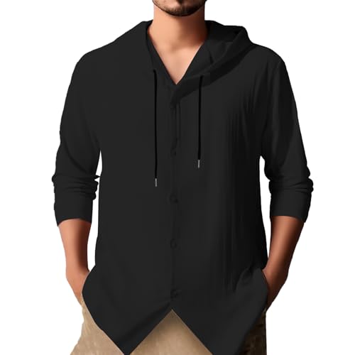 Mens Linen Hooded Shirts Roll-Up Sleeve V Neck Lightweight Hoodies for Men Big and Tall Casual Sweatshirts with Hood