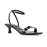 ESSEX GLAM Women Kitten Low Heel Strappy Sandal Ladies Black Patent Ankle Strap Two Part Heeled Shoes Size 5 Image
