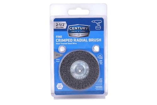 Image of Century Drill & Tool 76423 2.5 inch Durable Fine Crimped Radial Wire Brush, 1 /4 inch Drill Shank, 4,500 RPM - Ideal for Rust /Paint Removal, Deburring, & More