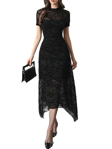 Image of GothDark Women Summer Wedding Guest Floral Mesh Irregular Hem Midi Dress | A-Line, Short Sleeve, Sheer Mesh Overlay, Elegant Vintage Dresses For Party, Semi Formal, Vacation, Dinner, Church