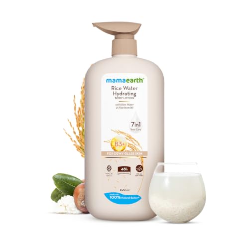Image of Mamaearth Rice Water Hydrating Body Lotion with Rice Water & Niacinamide for Dewy Glass Skin 600ml | 48H Moisturization | Nourishes Skin | 7in1 Total Care | 100% Natural Butter | Non Greasy Smooth