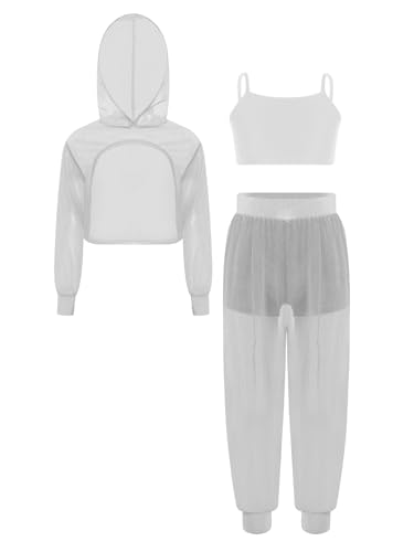 YEAHDOR Kids Girls 3 Pieces Hip Hop Dance Outfits See Through Crop Hoodie Sleeveless Vest with Pants Dancewear