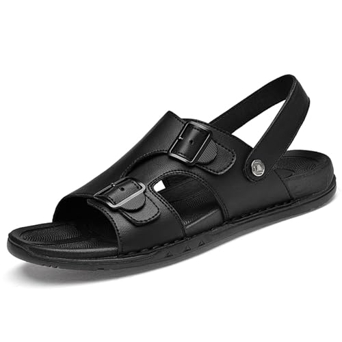 Men's Genuine Leather Open Toe Flat Fashion Sandals Summer Comfortable Dual Use Slip On Athletic Walking Sandal for Driving Casual Beach