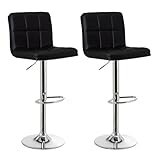Set de 2 taburetes altos giratorios fabricados con el bastidor del asiento de madera, el relleno de espuma de poliéster y tapizado con acolchado de tela de polipiel PU, de color negro, lleva el pie giratorio de metal cromado, color plateado.