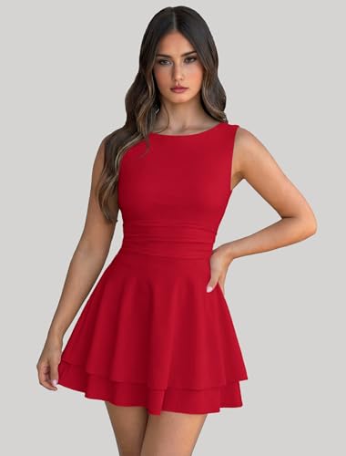 Image of IWD Women's Boat Neck Sleeveless Mini Dress Ruched Waist Flowy Tiered Ruffle Hem A Line Party Short Dresses