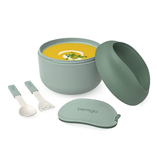 Image of Bentgo Bowl - Insulated Leak-Resistant Bowl with Collapsible Utensils, Snack Compartment and Improved Easy-Grip Design for On-the-Go - Holds Soup, Rice, Cereal & More - BPA-Free, 21.2 oz (Khaki Green)