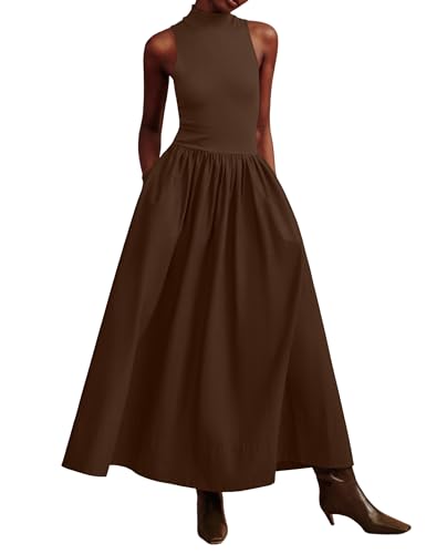 Lauweion Women's Summer Sleeveless Mock Neck Maxi Dresses Patchwork Casual Flowy Drop Waist Dress with Pockets