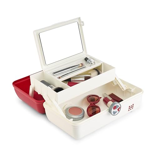 Image of Caboodles School Spirit On-The-Go Girl Makeup Box, Crimson Over White, Hard Plastic Makeup Organizer Box, Built-In Mirror, Secure Latch for Safe Travel, Spacious Storage for Large Items