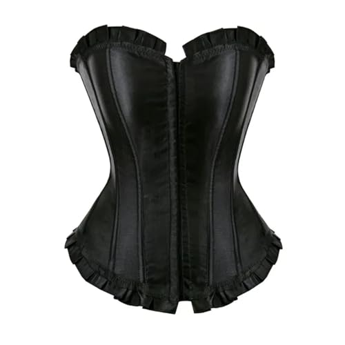 GUOFHUIO Front Hooks Satin Ruffle Corset(Black,L)