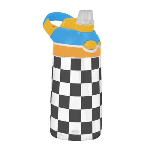 ALAZA Black White Checkered Kids Water Bottle Tritan BPA Free Toddler Straw Sippy Cup 17 oz Travel Drinks Bottle for Boys School Sports